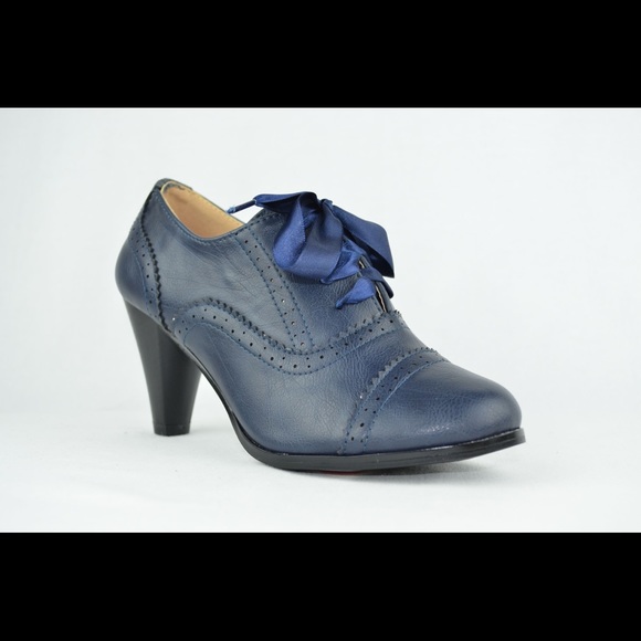 Women's Vintage Heeled Oxford Navy Blue - Picture 3 of 4